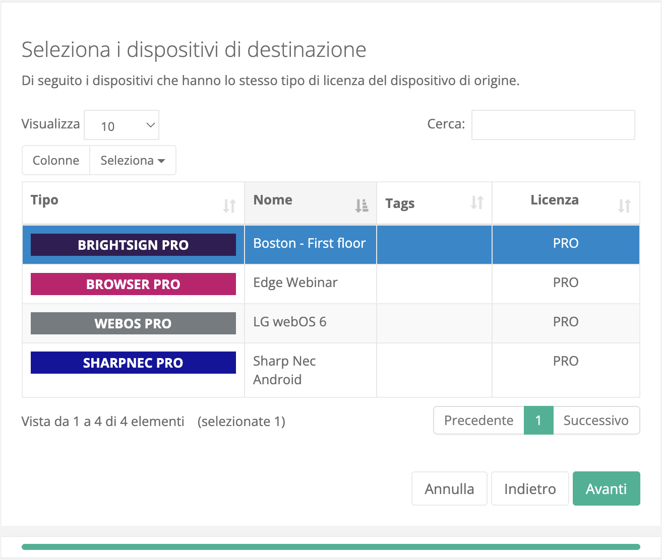 Selezione destinazione