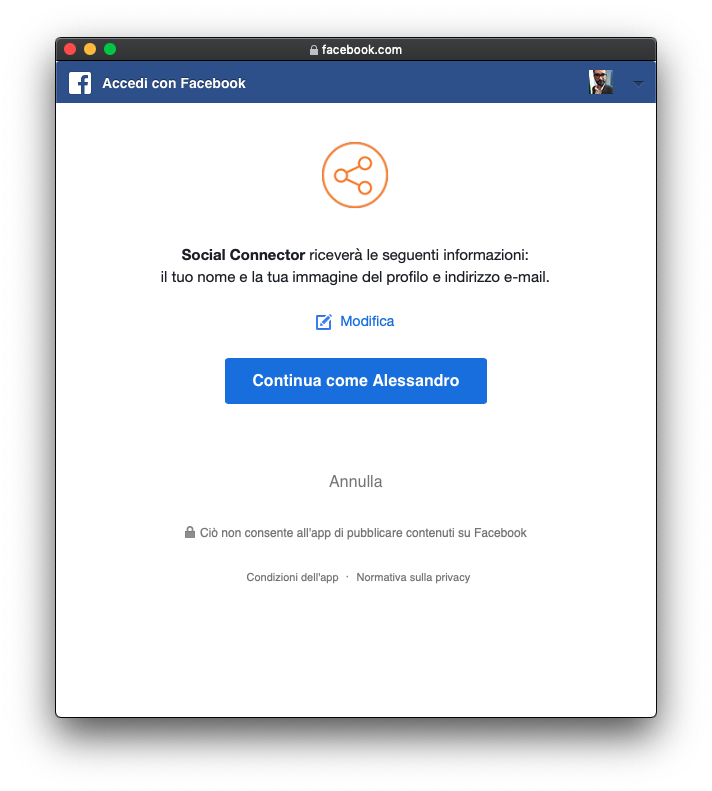 Conferma login Facebook