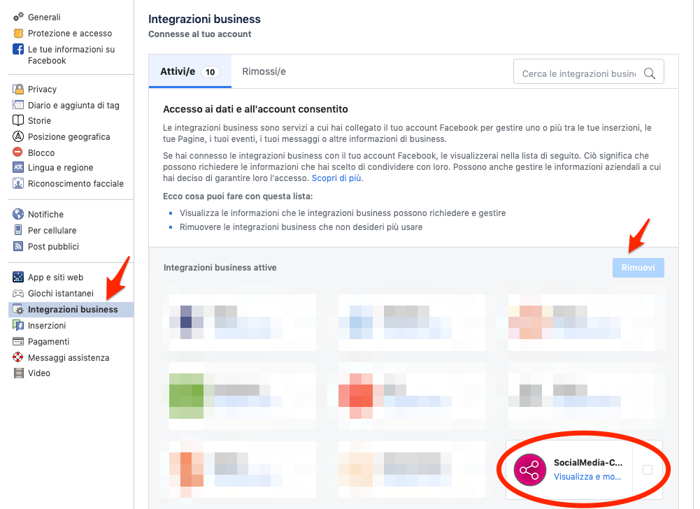 Rimozione app Facebook